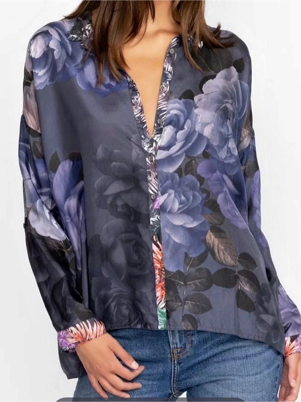 NWT JW Audrey Oversized Silk Blouse Grey Peony-Small